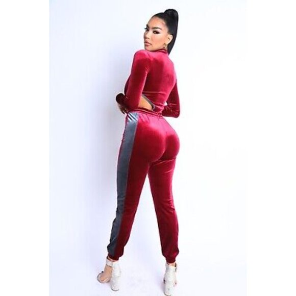 Women's Sexy Cute Velvet Bodysuit and Matching Jogger Pants 2 Piece Set S M L - Picture 6 of 11